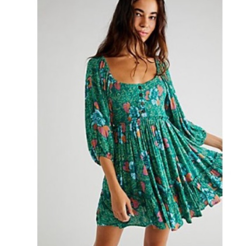FREE PEOPLE SUMMER PICNIC MINI DRESS IN EMERALD SIZE SMALL